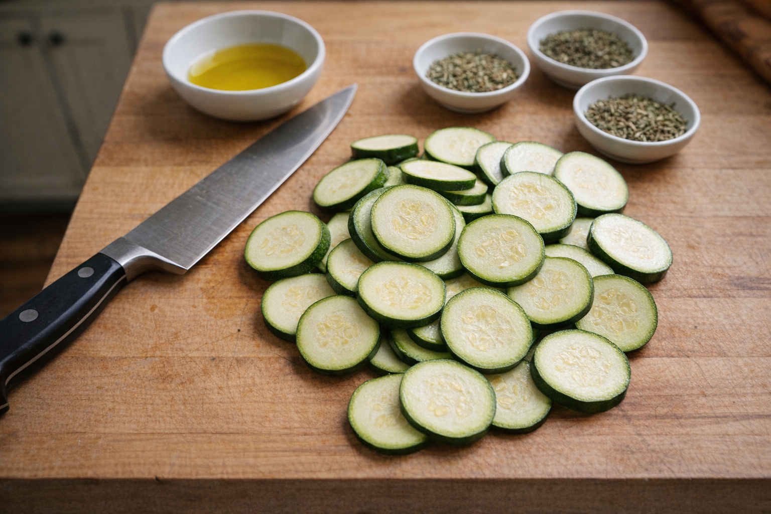 An overhead shot of freshly sliced zucchini rounds on a wooden cutting board, next to a chef's knife, a bowl of olive oil, and various dried herbs.